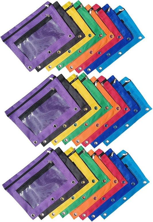 Multipurpose Binder Pencil Pouch 3 Ring Binder Pencil Bag with Clear Window – 24 Pack, Durable Oxford Fabric, 8 Assorted Colors