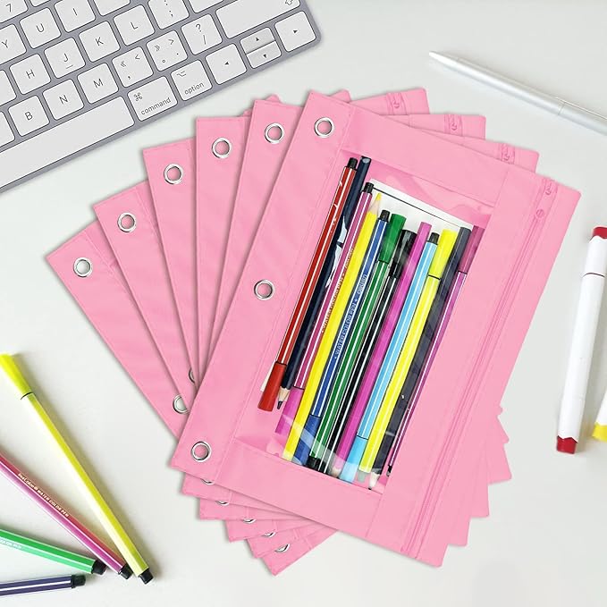 YoeeJob Pencil Pouch for 3 Ring Binder, Zipper Binder Pencil Pouches Bulk, Pencil Case with Clear Window for Class, Office, Pale Pink, 24 Packs
