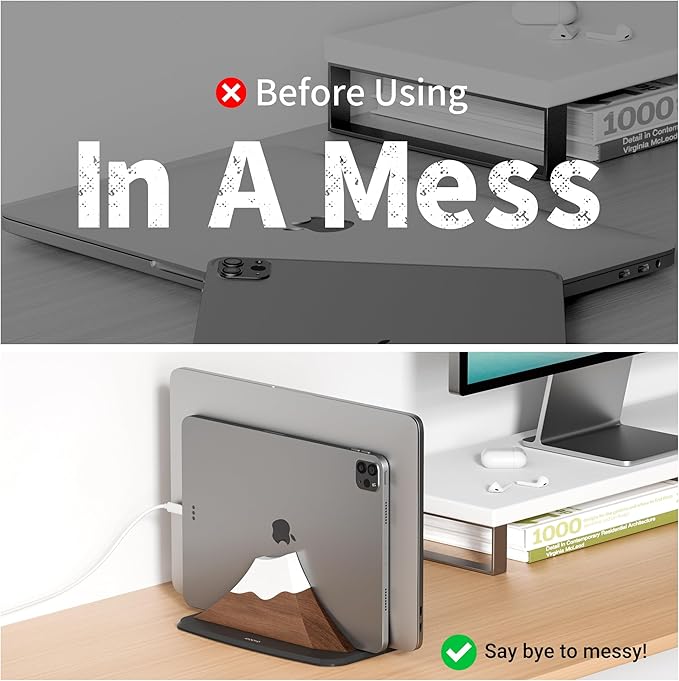 Vertical Laptop Stand - Snow Peak-Shaped Wooden Holder Dock Compatible with MacBook, Surface, Chromebook, Dell & More - Space-Saving Design for All Laptops,Walnut Finish