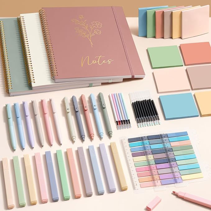 58PCS Aesthetic School Supplies, Cute College Ruled A4 Spiral Notebook Stationary Set Back to School Supplies Bible Study Kit Office College Essentials with Pastel Highlighters for Women Student Girls