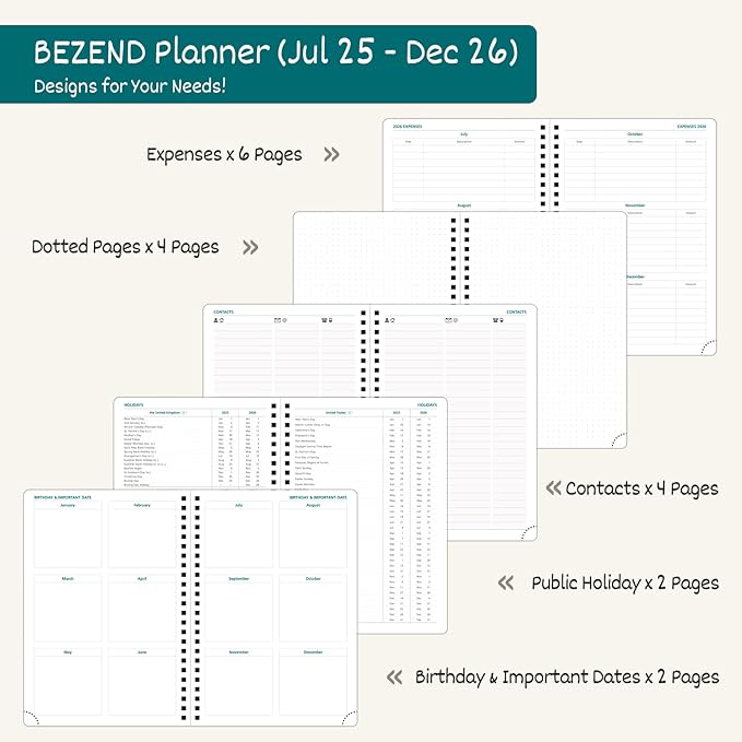 BEZEND 2026 Planner Weekly and Monthly (6" x 8.5"), 2-Column Calendar Book (Jul 25-Dec 26), Dual Schedule for Daily Appointment, Easy Track Tabs, Spiral Bound, PU Leather Softcover, Fruit Green