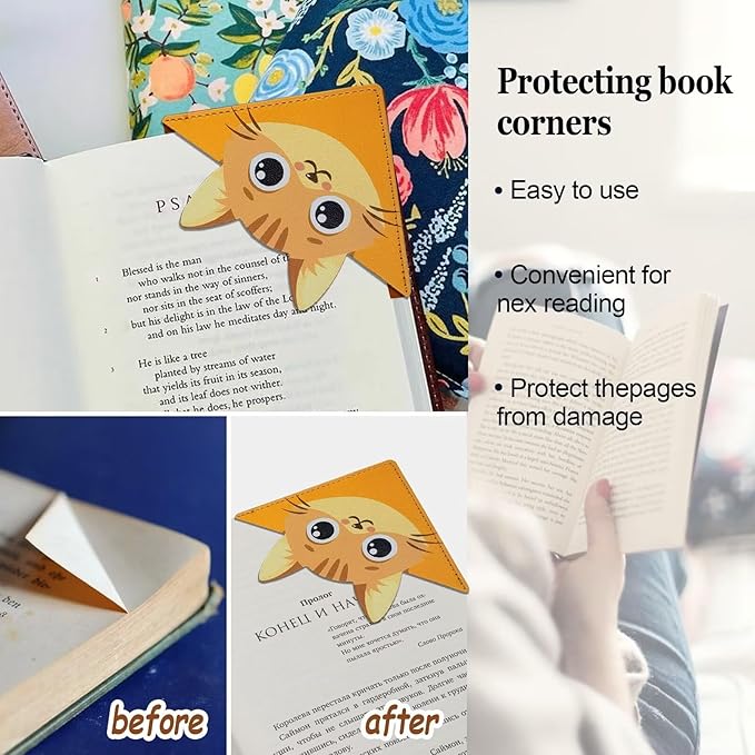 Funny Cat Bookmarks, Personalized Leather Book Marks Clip Set of 4,Cute Corner Page Book Accessories for Women, Kids, Teachers Students Book Lovers Reading,for School Office Home Supplies