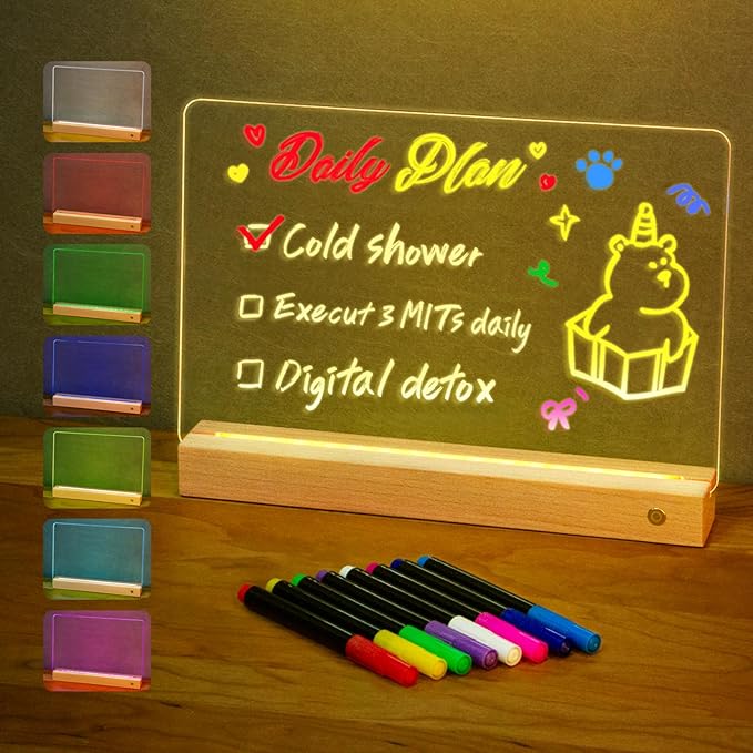 LED Note Board with 8 Colors，Acrylic Dry Erase Board with Light, Clear Monthly/Weekly Calendar, Led Drawing Board for Kids with Stand, 8 Markers, Adapter, Soft Cloth, Holiday Trend Gift (Beech Wood)