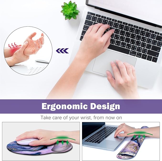 ARTSO Large Mouse Pad Ergonomic Keyboard Wrist Rest Support Combo, Memory Foam Gel Wrist Pad, Extended Desk Mat Protector, Non-Slip Desk Blotter, Purple Marble