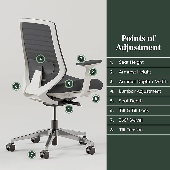Branch Ergonomic Chair - A Versatile Desk Chair with Adjustable Lumbar Support, Breathable Mesh Backrest, and Smooth Wheels - Experience Optimal Comfort and Support - Graphite - White