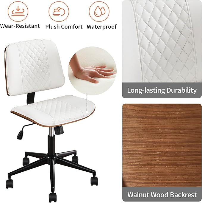Stylish White Home Office Chair – Armless PU Leather Mid-Back Chair with Adjustable Height, Swivel Wheels, Walnut Finish for Study, Bedroom, or Dorm Room