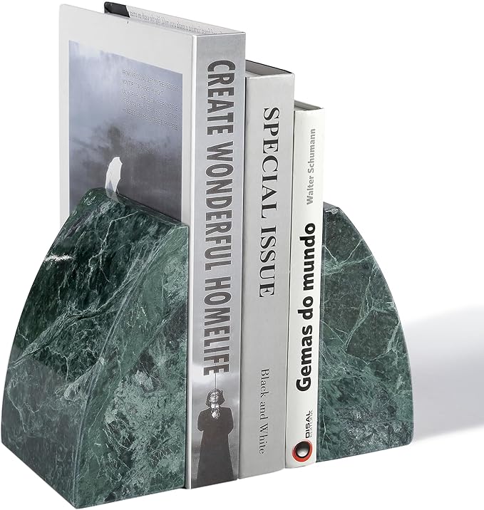 Koville Marble Bookends for Shelves, 8Lbs Large Stone Bookends for Heavy Books, Non-Slip Heavy Duty Book Stopper, Modern Decorative Book Ends for Bookshelf Table Home Decor(Green)