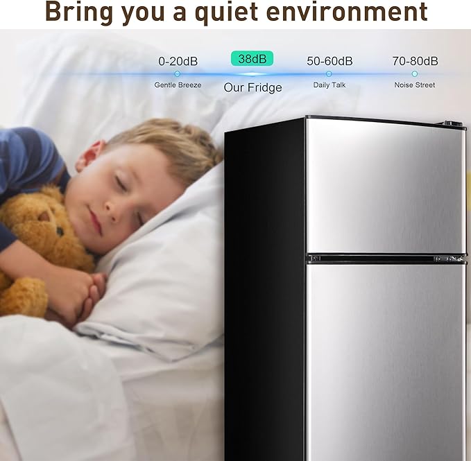 Mini Fridge with Freezer, 3.3 Cu. Ft. Double-Door Small Refrigerator with Adjustable 7-Level Thermostat & Separate Freezer, Dorm Fridge Compact for Kichen, RV, Office, Apartment, Silver