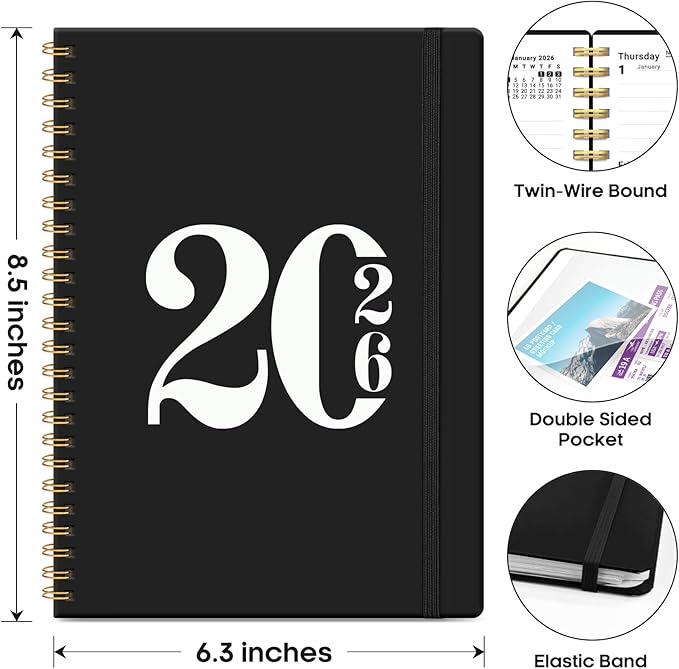 2026 Planner, Weekly and Monthly Calender Planner, Jan 2026 to Dec 2026, Hardcover 2026 Calendar Planner Book with Tabs & Inner Pocket, Office Home School Supplies for Women & Men - A5 (6.3" x 8.5"), Black