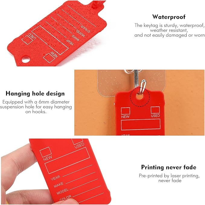 50 Car Key Tags with Labels Plastic Car Dealership Key Tags Self Locking Automotive Identifiers Blank Shop Labels with One Pen (Red)