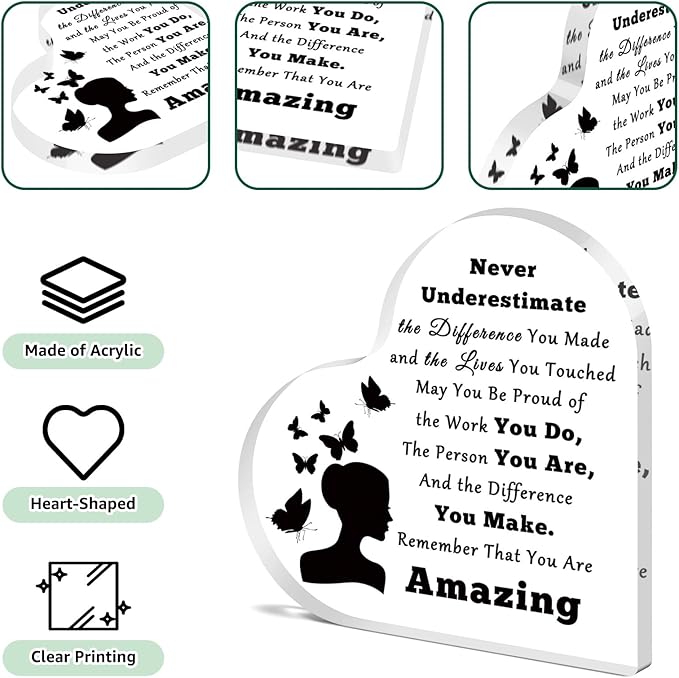 Inspirational Gifts for Women Friends Desk Decor for Office Coworker Appreciation Desk Sign Retirement Leaving Going Away Presents New Job Promotion Gifts for Women Office Acrylic Heart Keepsake