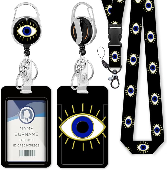 Evil Eye Badge Reel Retractable Heavy Duty with 360° Swivel Carabiner Clip, Evil Eye ID Badge Holder with Breakaway Lanyard, ID Card Holder Keychain Name Badge Clip, Nurse Teacher Gifts