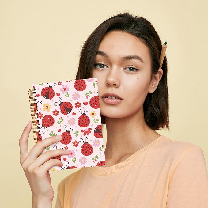 JXREQ Cute Pink Ladybug Floral Notebook Insects Journal for Women Note Taking Writing, Cute School Office Supplies, Preppy Aesthetic Spiral Notebooks 5.5x8.3