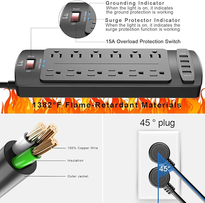 Power Strip, Tcstei Surge Protector with 12 Outlets and 4 USB Ports, 15 Feet Extension Cord (1875W/15A) for Home, Office, Dorm Essentials, 2700 Joules, ETL Listed, Black
