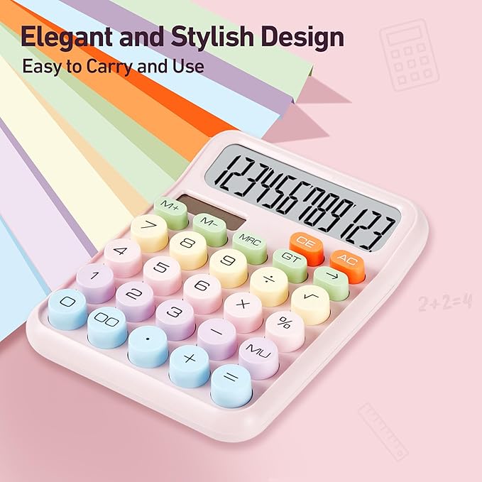 Basic Desktop Calculator with 12-Digit Large LCD Display & Big Buttons – Dual Power (Solar & Battery), Easy to Press Mechanical Switch Calculator – Cute Office Desk Supplies for Home and School (Pink)