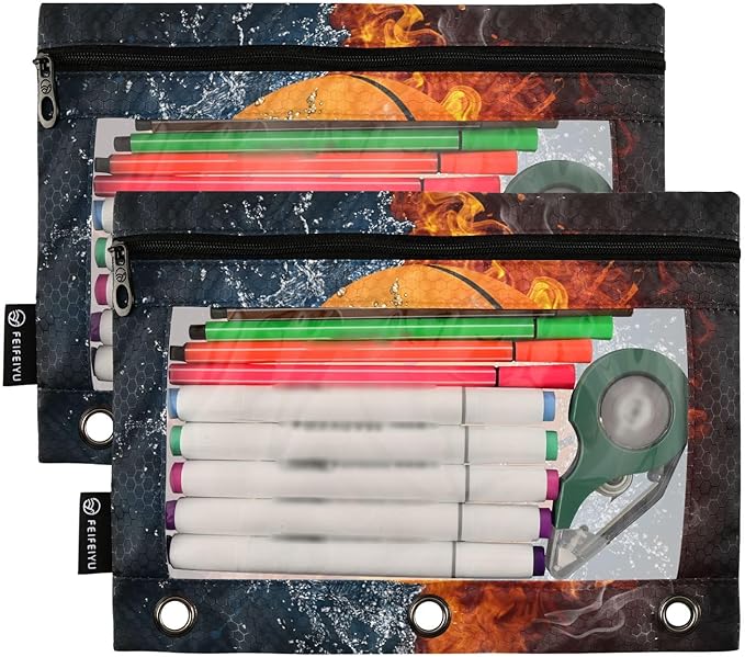 Basketball Ball Pencil Pouch for 3 Ring Binder, 2 Pack Waterproof Pencil Bags Clear Window Pencil Case Zipper School School Office Supplies