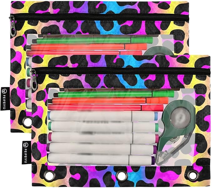 ALAZA Pencil Pouch for 3 Ring Binder, Leopard Print Cheetah Neon Gradient Binder Pencil Pouches with Clear Window Zipper Pencil Case Cosmetic Bags for Office College Supplies, 2PCS