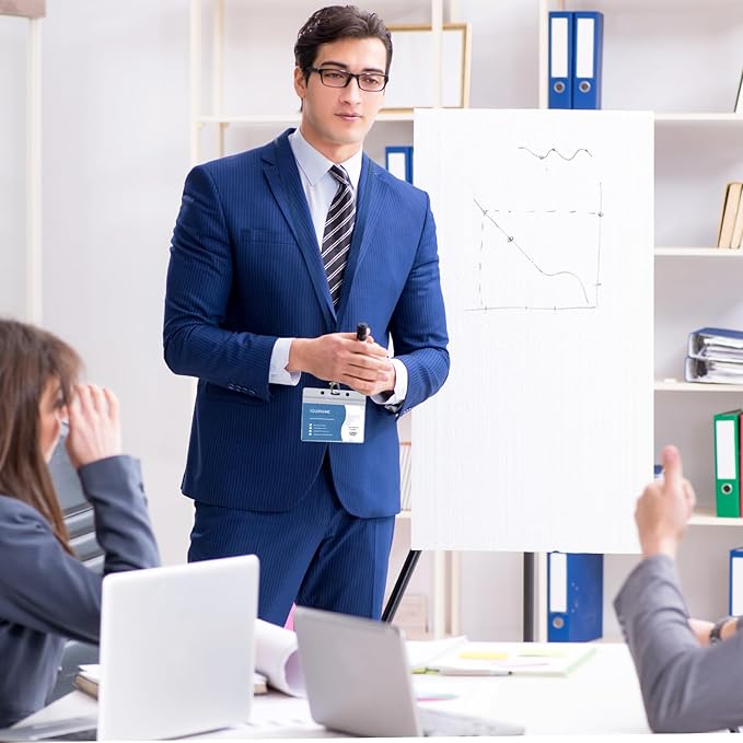 100 Pack Lanyards for ID Badges with Clear Name Tags, Reusable Lanyards Horizontal ID Card Badge Holders Plastic Name Badges for Men Women Kids Business School and Office Supplies (Dark Blue)