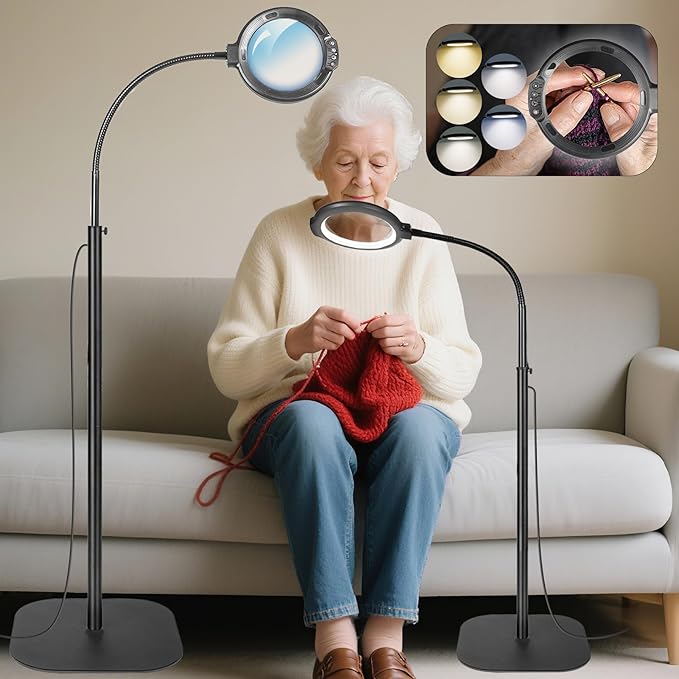 12X Floor Magnifying Glass with Light and Stand, Large Magnifier Hands Free with 5 Color Modes Stepless Dimmable, Flexible Gooseneck Floor Lamp for Close Work, Reading Sewing