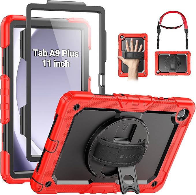 SEYMAC Case for Samsung Galaxy Tab A9+/ A9 Plus 11" (SM-X210/X216/X218), Heavy Duty Shockproof Protective Case with Screen Protector, Rotating Stand, Hand/Shoulder Strap and Pen Holder, Red