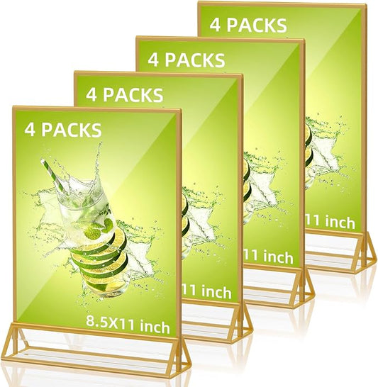 Acrylic Sign Holder 8.5X11 Double Sided Clear Display Stand, Gold Plastic Display Stand for Home Office Shop Restaurant (4pcs)