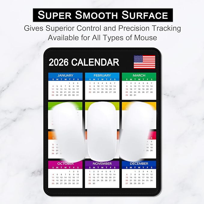 2026 Calendar Mouse Pad, Square New Year 2026 Mousepad 10.2 x 8.3 Inch, Stitched Edge Anti-Slip Waterproof Rubber Computer Mat for Office, Gaming, Laptop, New Year Office Supplies Gift, Black