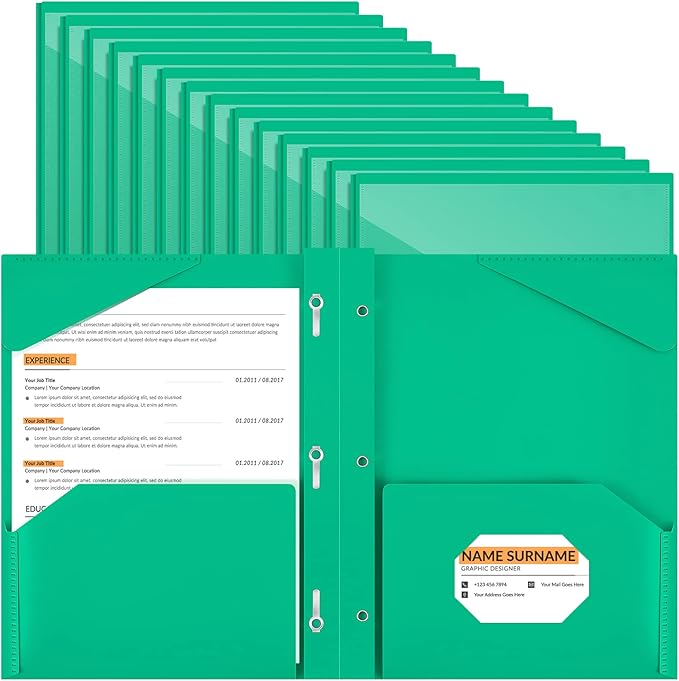 Henoyso 36 Pcs Plastic Folder with Clear Front Pocket and 3 Prong Plastic Folders with Card Slot Pocket Folders with Prongs for School Office (Green)
