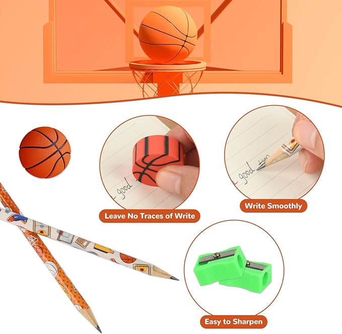 48pack Gifts Basketball Pencils and Erasers Stationery Pencils for Students Office School Classroom Rewards Supplies (basketball2)