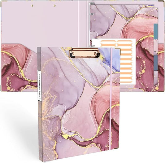 Ospelelf 3 Ring Binder, 1/2 Inch, Pink Marble, Letter Size (11" x 8.5"), 5 Tab Dividers, File Folder Labels, Low Profile Clipboards