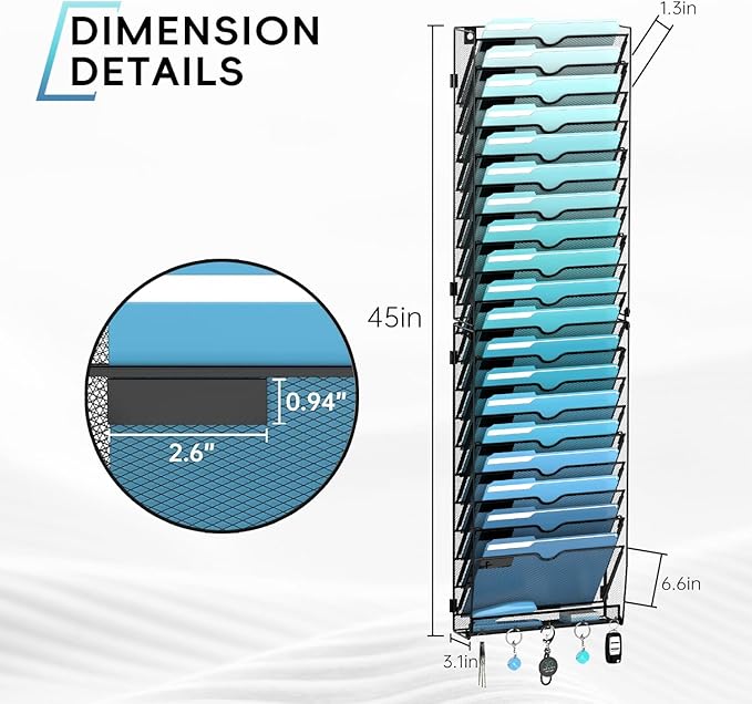 20-Tier Wall File Organizer with 5 Hooks, Hanging Mail Organizer Wall Mounted File Holder, Magazine Rack for Papers, Folders, Magazines, Office Organization, Assembly Needed, Black