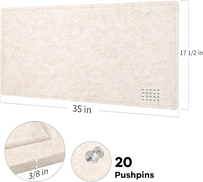 Bulletin Board, 35 x 17 1/2 Inches Felt Pin Board - Decorative Cork Alternative for Wall, Foldable Picture Self-Adhesive Vision Prayer Board With 20 Pushpins - Oatmeal