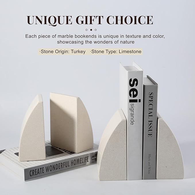 Koville Marble Bookends for Shelves, Large Bookends for Heavy Books, Natural Stone Book Stopper for Books CD Movies, Aesthetic Decorative Book Ends (Sail-Beige)
