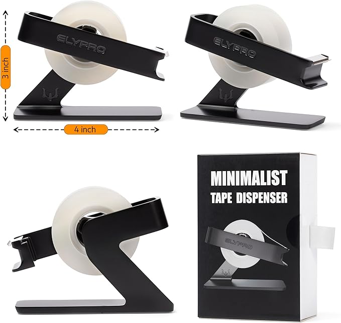 ELYPRO Modern Tape Dispenser for Office Desk - Elegant and Minimalist Design, Heavy Metal Made, Space-Saving, Perfect for Office & Home Use or as a Stylish Gift - Bonus Tape Roll Included (Black)