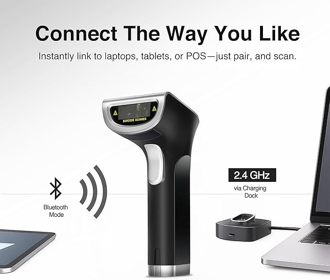 Scanmarker 1D/2D Wireless Barcode Scanner – Boost Speed & Accuracy with Bluetooth & 2.4G Modes – Handheld QR Code Scanner with Charging Stand for Easy scanning on Laptop, iOS & Android