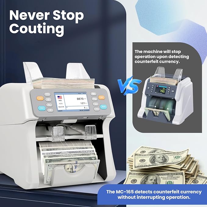 RIBAO MC-165 Two-Pocket Mixed Denomination Money Counter Machine, Value Counting, White Bill Counter Multi Currency, CIS/UV/MG/IR Counterfeit Detection for Business