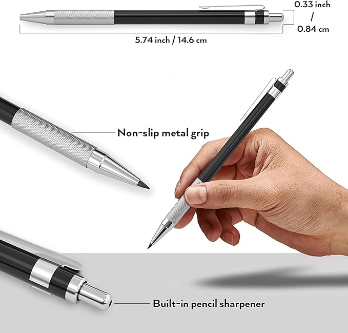 Nicpro 17PCS Metal 2mm Mechanical Pencil Set in Leather Case, 5 PCS 2.0 mm Lead Pencil Holders (4B 2B HB 2H 4H) 6 Tube Black Colored Lead Refills, Erasers, Sharpener For Art Drafting Sketching Drawing