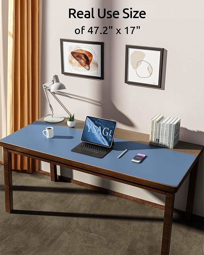 YSAGi Leather Desk Pad Protector, Office Desk Mat, Large Mouse Pad, Non-Slip PU Leather Desk Blotter, Laptop Desk Pad, Waterproof Desk Writing Pad for Office and Home (Blue, 47" x 17")