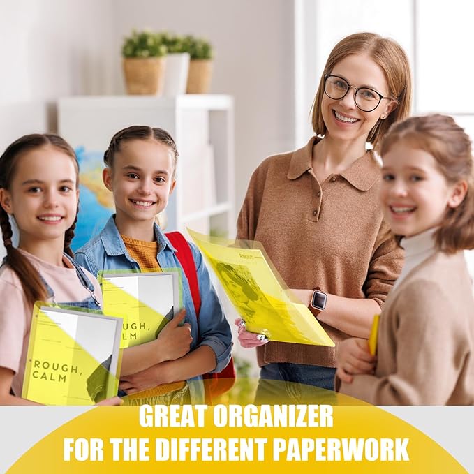 Seajan 48 Pcs Pocket Folders for 3 Ring Binder Clear Plastic Folders Sleeves with 2 Pockets 3 Hole Punch Binder Dividers Poly Slash File Jackets for Office School Document Organizer (Yellow)