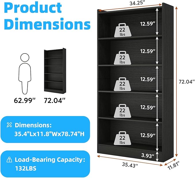 72" Rectangle Wooden Bookshelf with 6 Tier Bookshelf, Large Bookcase for Home Offices and Living Rooms with Storage Shelves, Display Shelves, Black