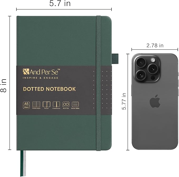 &And Per Se Dotted Journal Notebook (10 packs), A5 Hardcover Leather Bullet Dotted Journal, 160 Pages 100GSM Thick Paper, 3 Sheets of Stickers Included - 5.7'' x 8'' (Green)