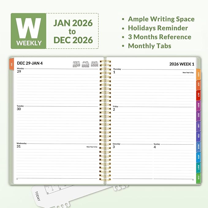 SUNEE 2026 Weekly and Monthly Planner - from January 2026 - December 2026, 8.5"x11" Daily Agenda Planner with Monthly Tab, Flexible Cover, Note Pages, Pockets, Bookmark, Spiral Binding, Sage Green