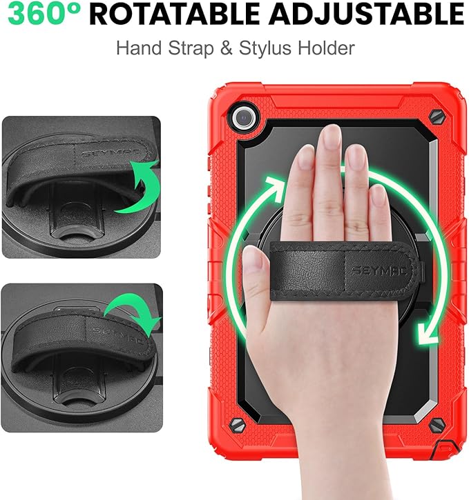 SEYMAC Case for Samsung Galaxy Tab A9+/ A9 Plus 11" (SM-X210/X216/X218), Heavy Duty Shockproof Protective Case with Screen Protector, Rotating Stand, Hand/Shoulder Strap and Pen Holder, Red