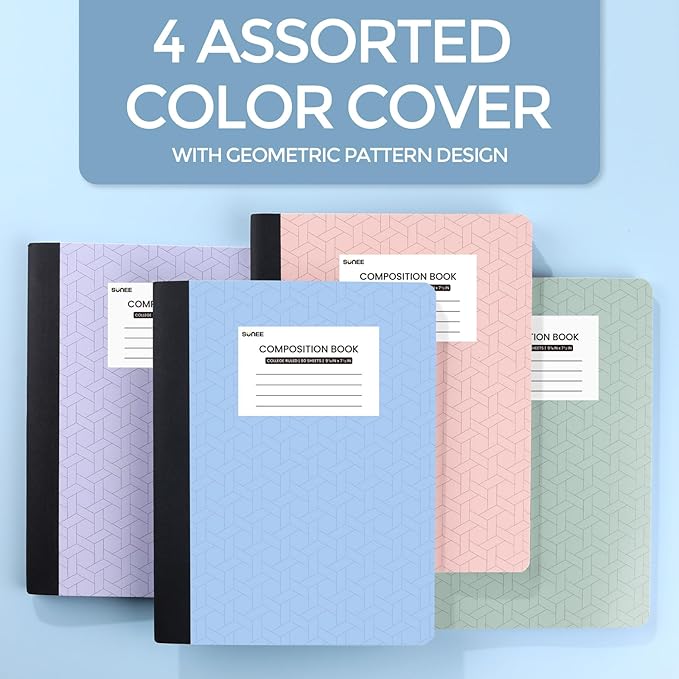 SUNEE Composition Notebooks - College Ruled Paper, 4 Pack Composition Book, 9 3/4" x 7 1/2", 80 Sheets/160 Pages, Assorted Colors, School, College & Office Supplies