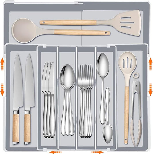 Silverware Organizer for drawer - Adjustable Kitchen Drawer Organizer Utensil Drawer Organizer, Expandable Silverware Tray for Drawer Utensil Organizer for Forks, Knives, Grey