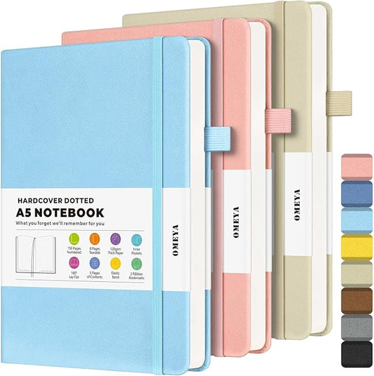 Dotted Journal Notebook 3 Pack, A5 Hardcover Notebook with 120gsm Thick Dotted Paper, Leather Journals for Women, Men, Dot Grid Notebook Journal for Writing, Notebooks for Work, School, 5.75" × 8.38"