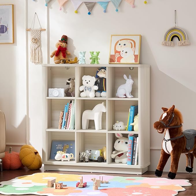 9 Cube Storage Book Shelf, 41" Tall Organizer Bookcase with Curved Edge, Wood Floor Standing 3-Tier Cubby Bookshelf with Base, Vintage Display Book Case for Bedroom, Office, White Cream Oak