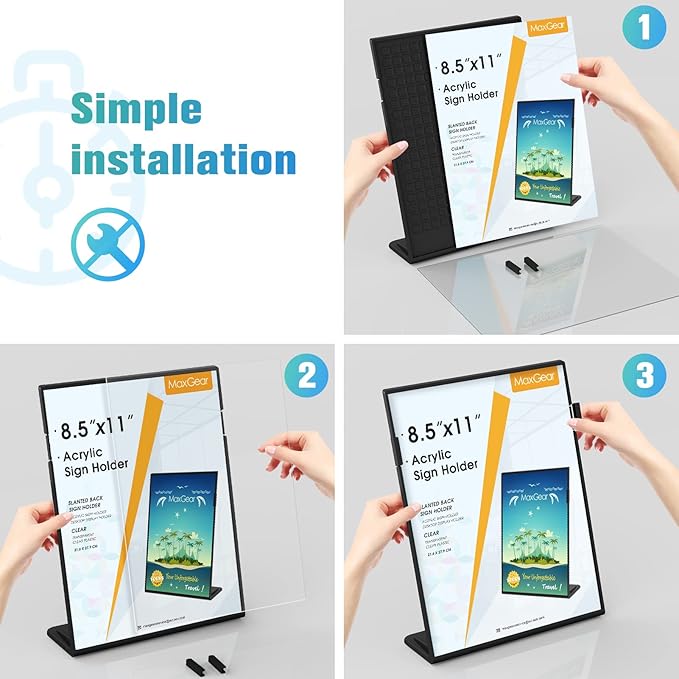 MaxGear Fall Resistant Acrylic Sign Holder 8.5 x 11 Inches 3 Pack, Slant Back Table Flyer Menu Display Stand, Heavy Duty Plastic Acrylic Sign Frame Paper Holder for Business, Store, Restaurant, Black