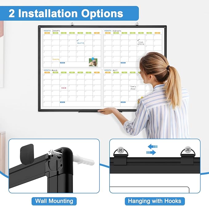 Dry Erase Calendar For Wall 4 Month, WALGLASS 36" x 24" Large Double-sided White Board Calendar, Dry Erase Monthly Planner Board, Black Aluminum Frame Hanging Wall Mounted Board for Office Home School