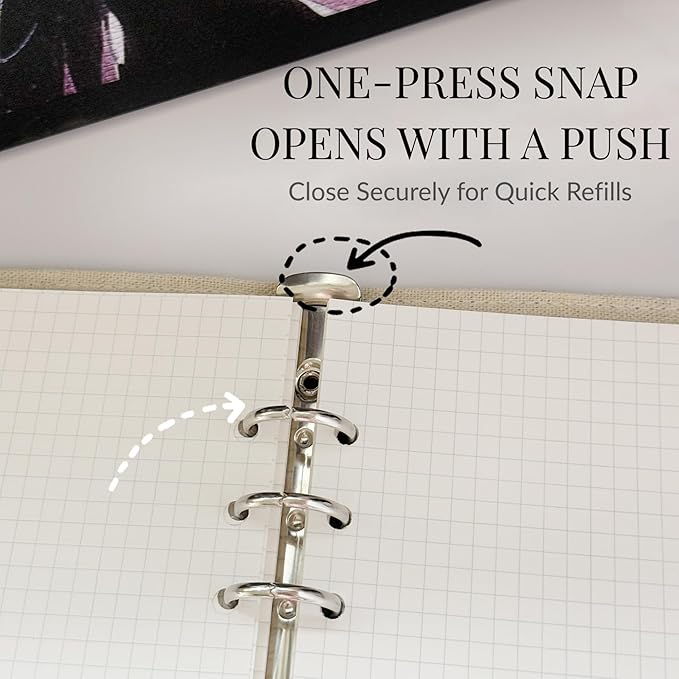 Refillable A5 Loose Leaf Hardcover Notebook, Luxury Gleaming Embroidered Butterfly Black & Gold 6-Ring Planner with Grid Pages, Deluxe Hardcover Gift Set Journal for Study, Work.