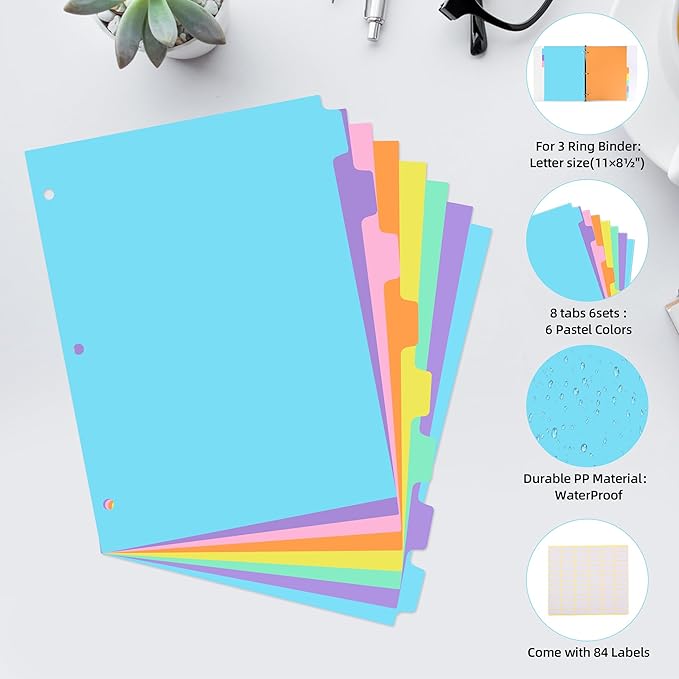 3 Ring Binder Dividers with TAB,24PCS/3 Set Plastic File Dividers,8 Tab 3 Hole Punch Dividers,Pastel Color,Letter Size,3 Sets